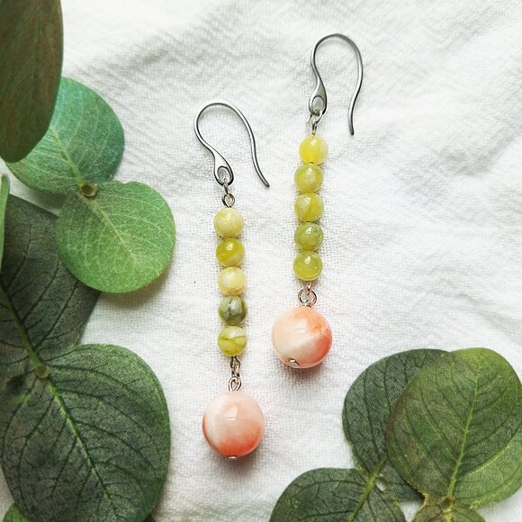 Boho Gemstone Dangle Earrings – Handmade Jewelry, Green & Pink Chalcedony - Picture 5 of 7